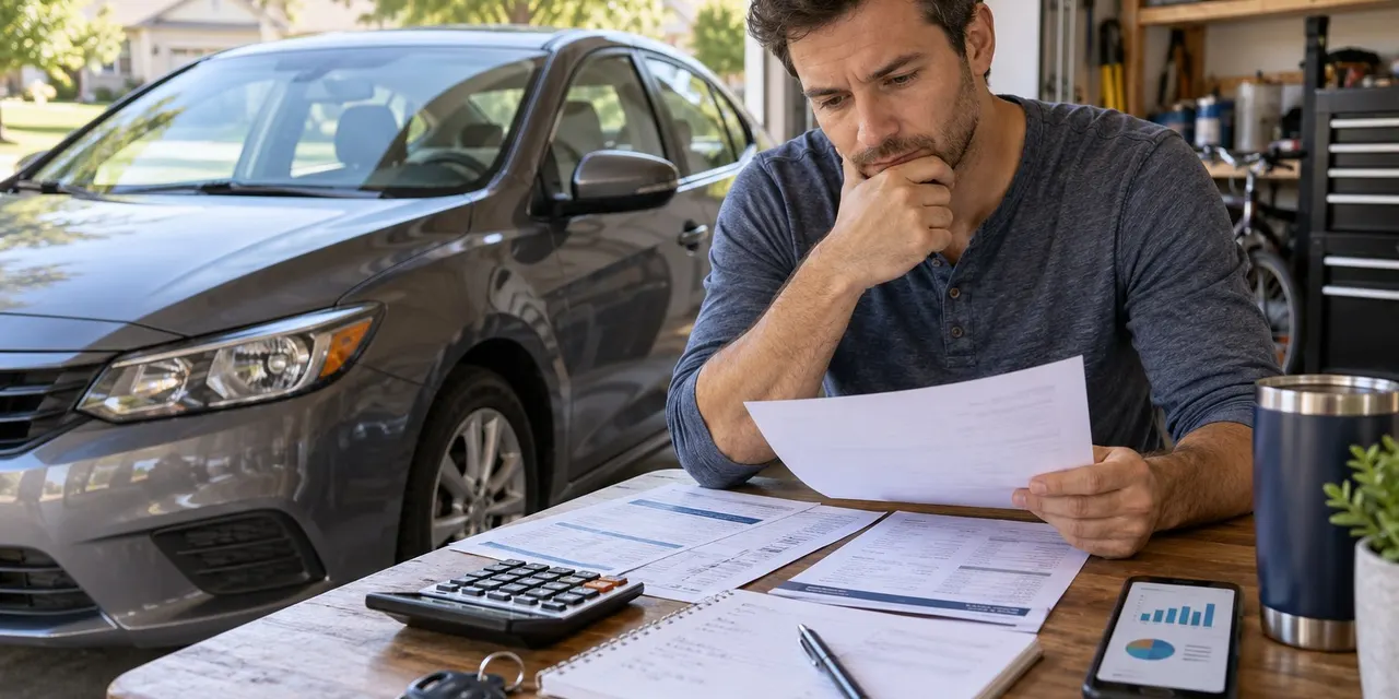 Conducteur comparant plusieurs devis d'assurance auto sur un ordinateur portable, documents et calculatrice